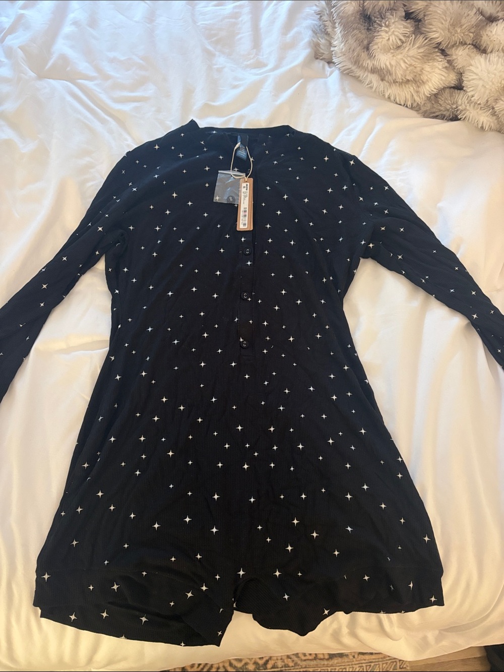 SKIMS Black Star-Print Long-Sleeve Romper